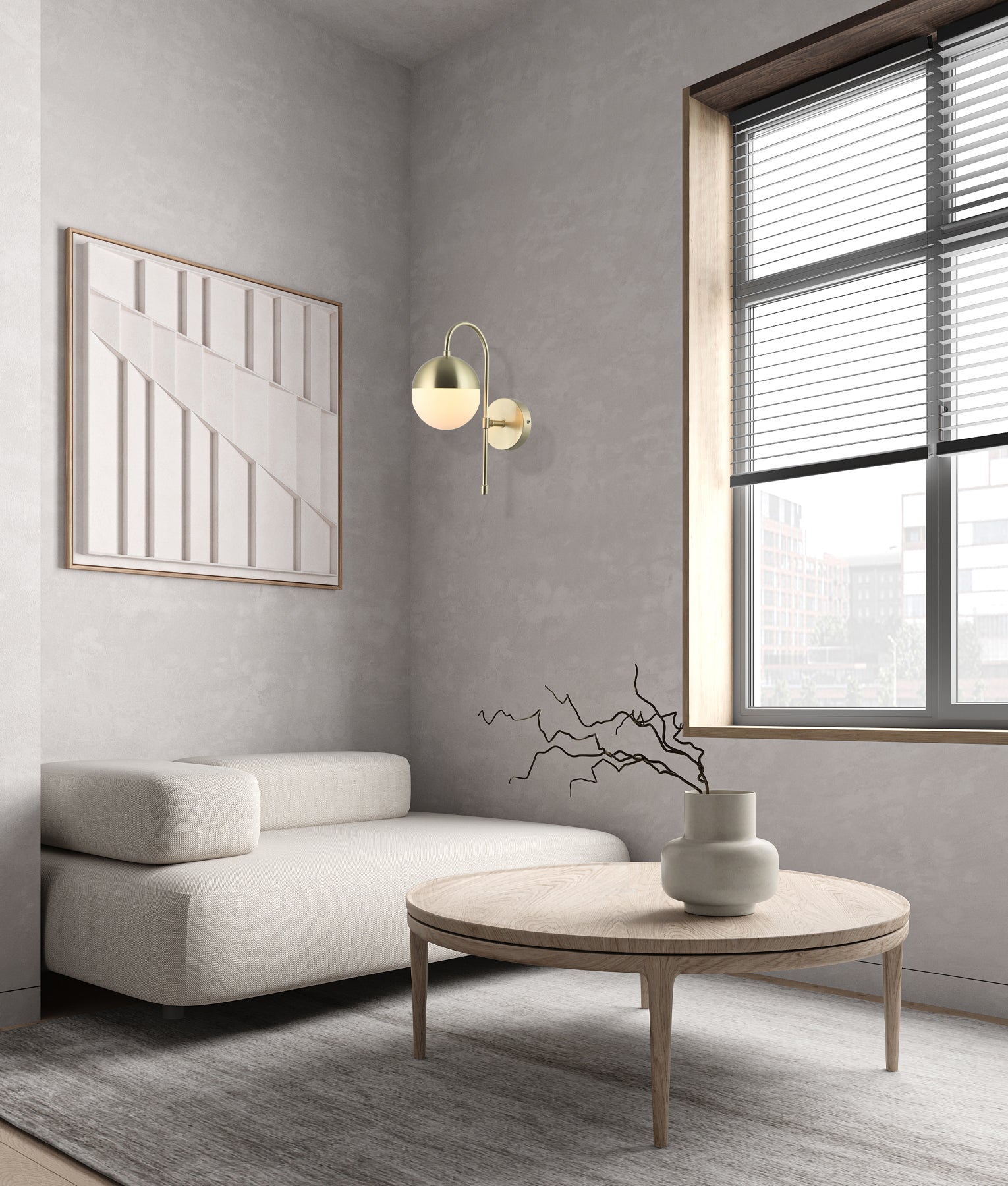ARO: Interior Round Opal Glass with Satin Gold Bracket Wall Light