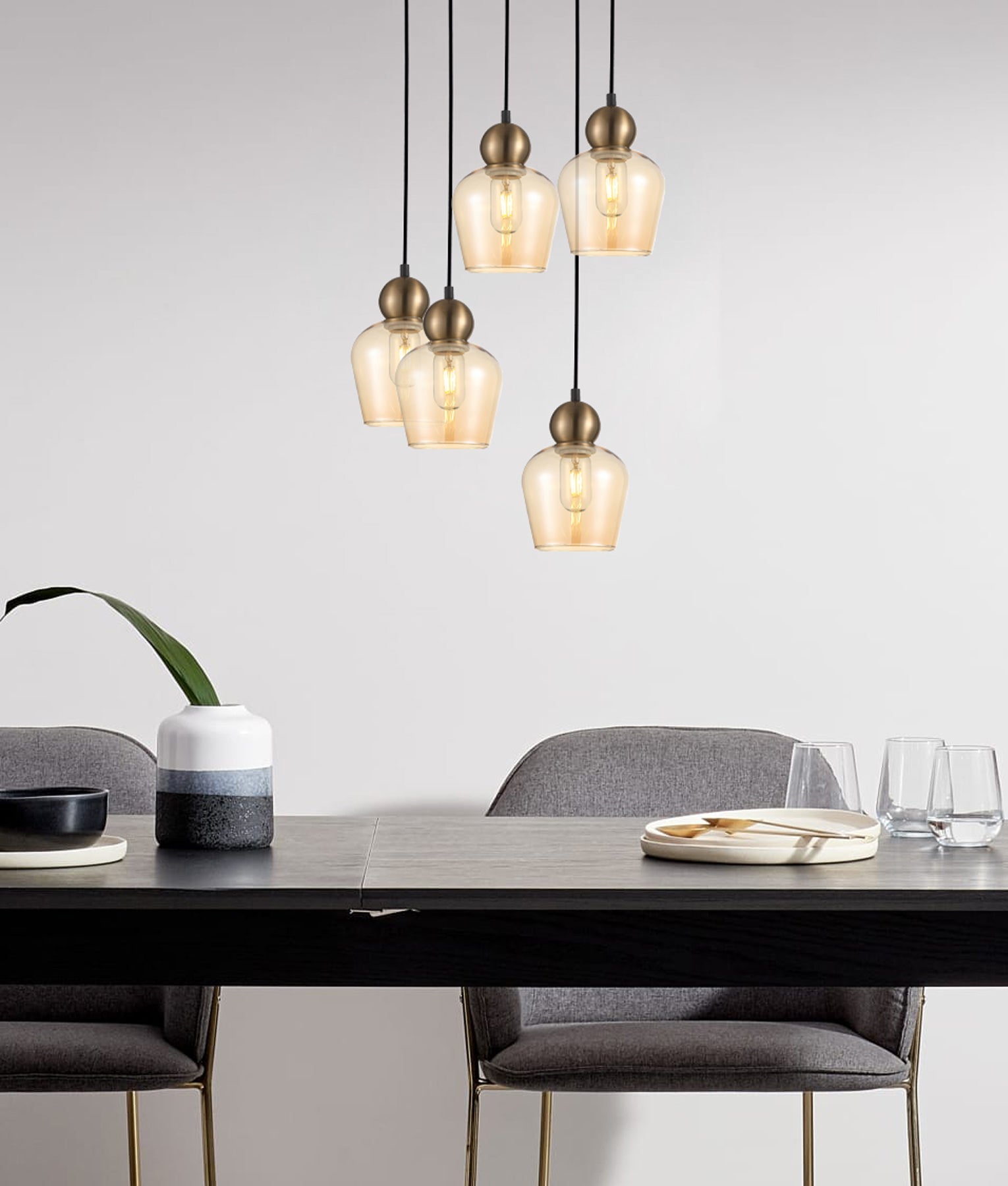 CHAMPAN: Interior Bronze Amber / Mirror Finish Smokey Black Glass Ellipse Pendant Lights