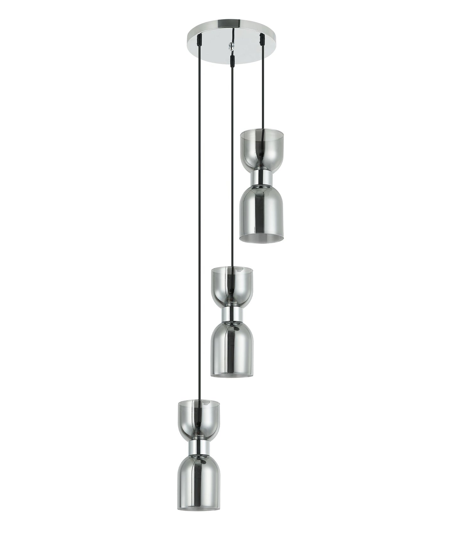 CLESSIDRA:  Interior Mirror Finish Smokey Black / Opal Glass Ellipse Multiple Round Base Pendant Lights