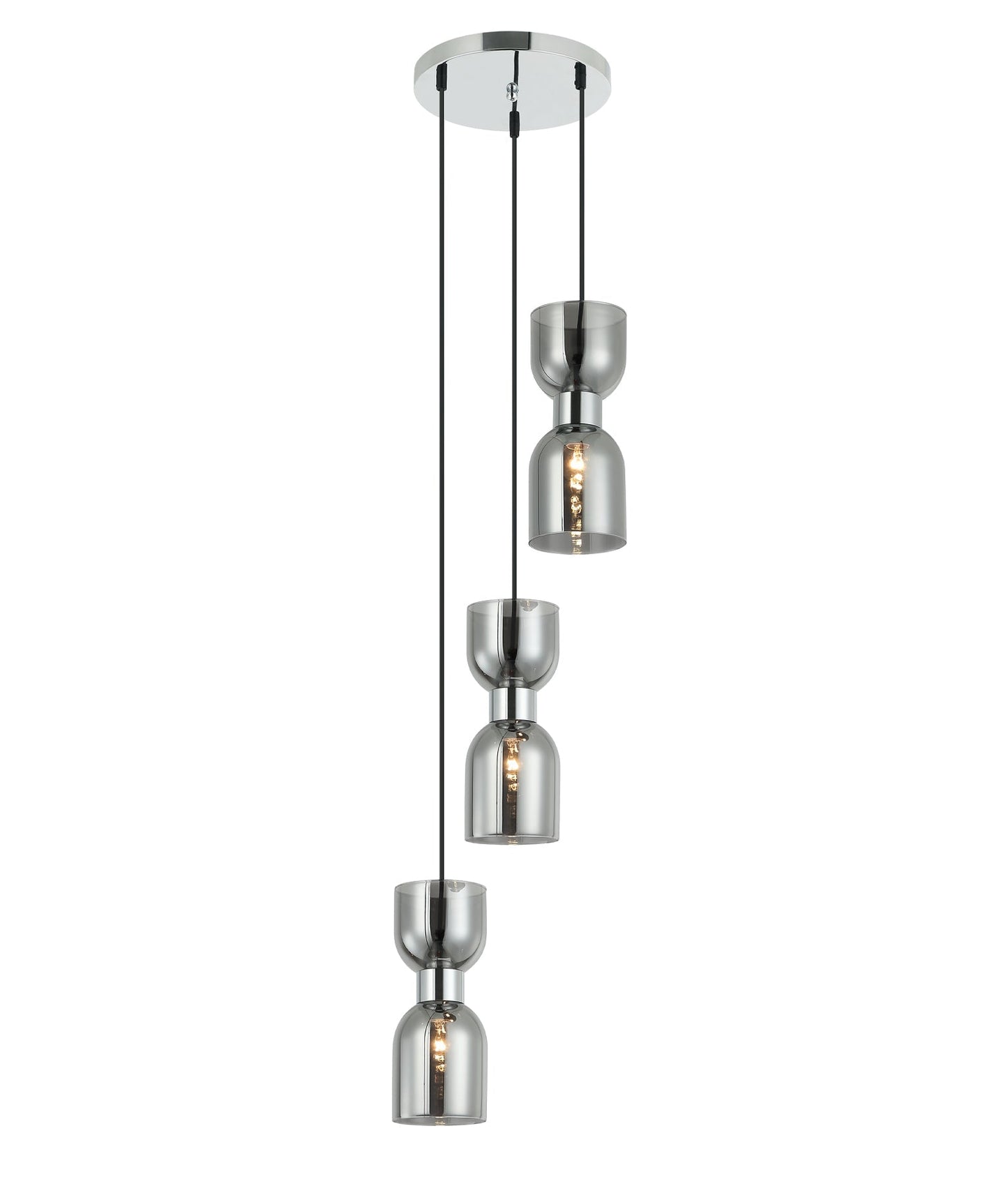 CLESSIDRA:  Interior Mirror Finish Smokey Black / Opal Glass Ellipse Multiple Round Base Pendant Lights
