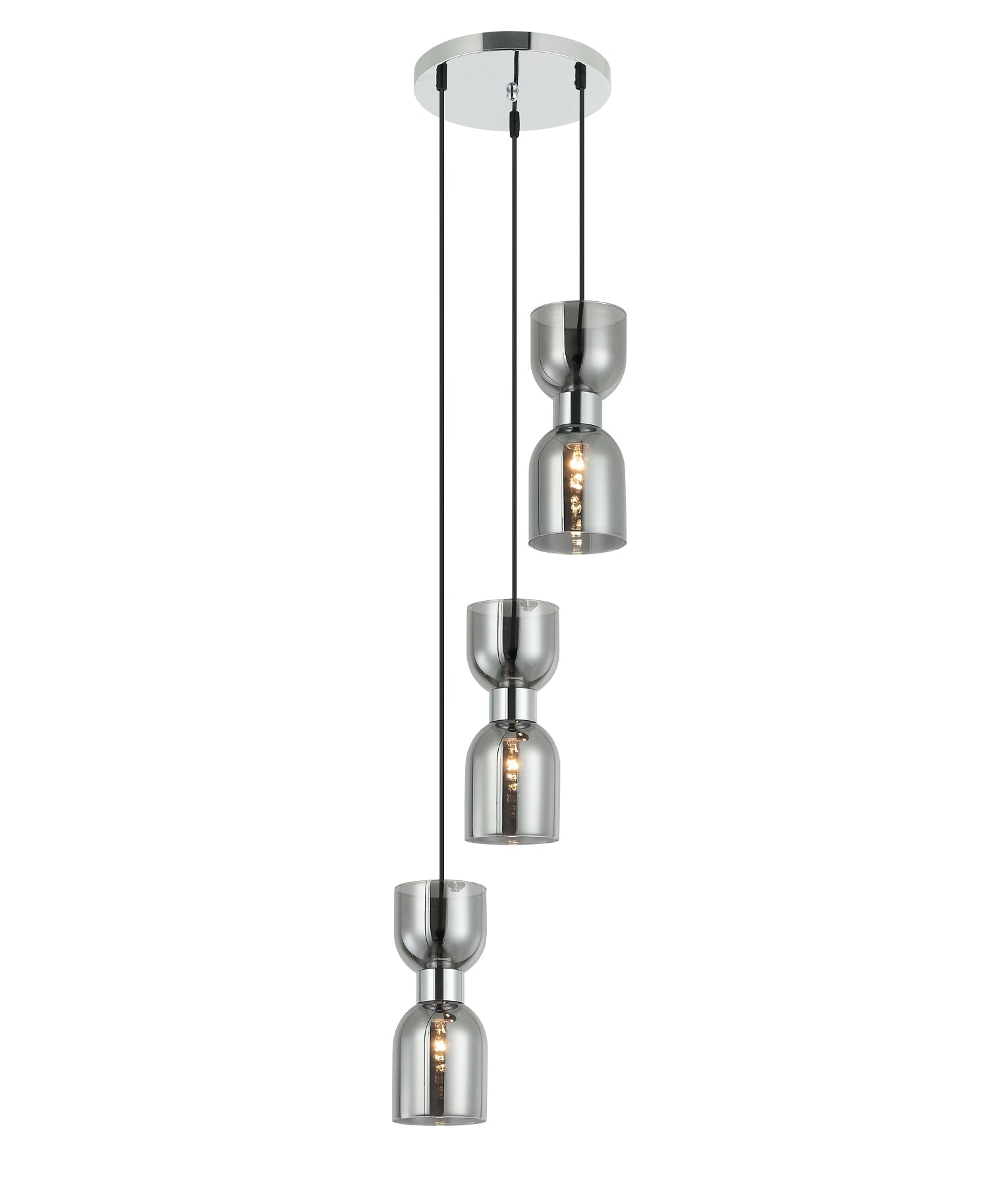 CLESSIDRA:  Interior Mirror Finish Smokey Black / Opal Glass Ellipse Multiple Round Base Pendant Lights