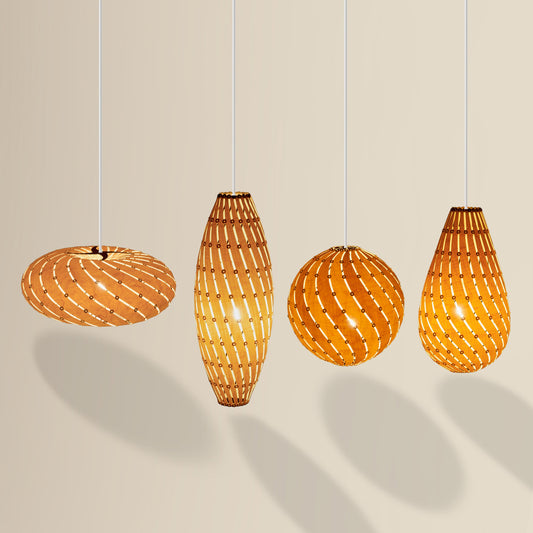 Ebb Family pendant lights in birch by David Trubridge