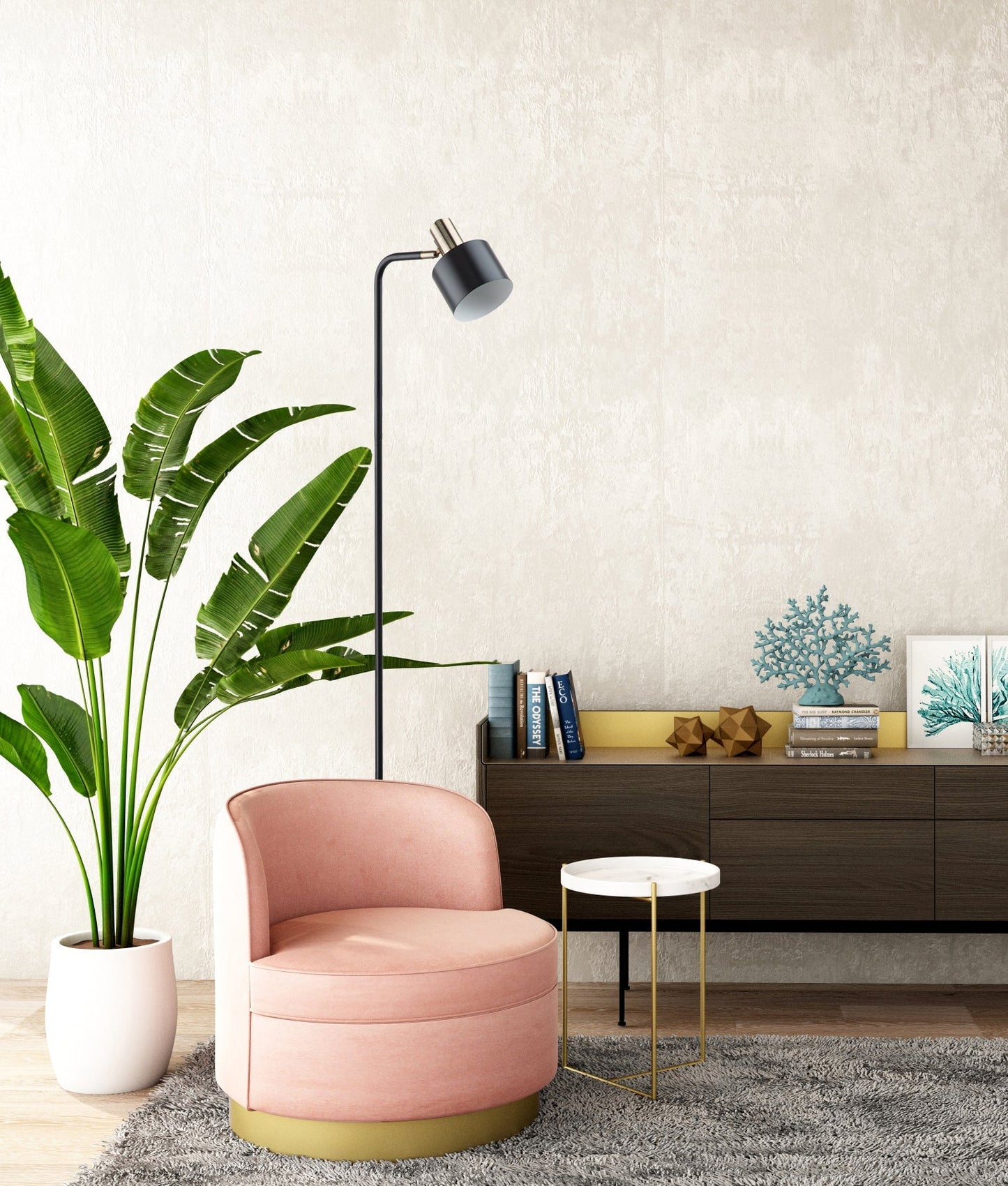 FLOTAR: Interior Cylinder Iron Shade with Antique Brass Highlight Floor Lamps