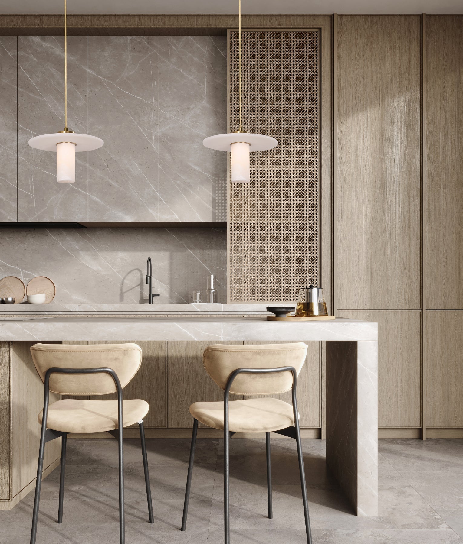 LUCERNA: Interior Cylinder Round Hat Alabaster Shade Brass Highlight Pendant Light