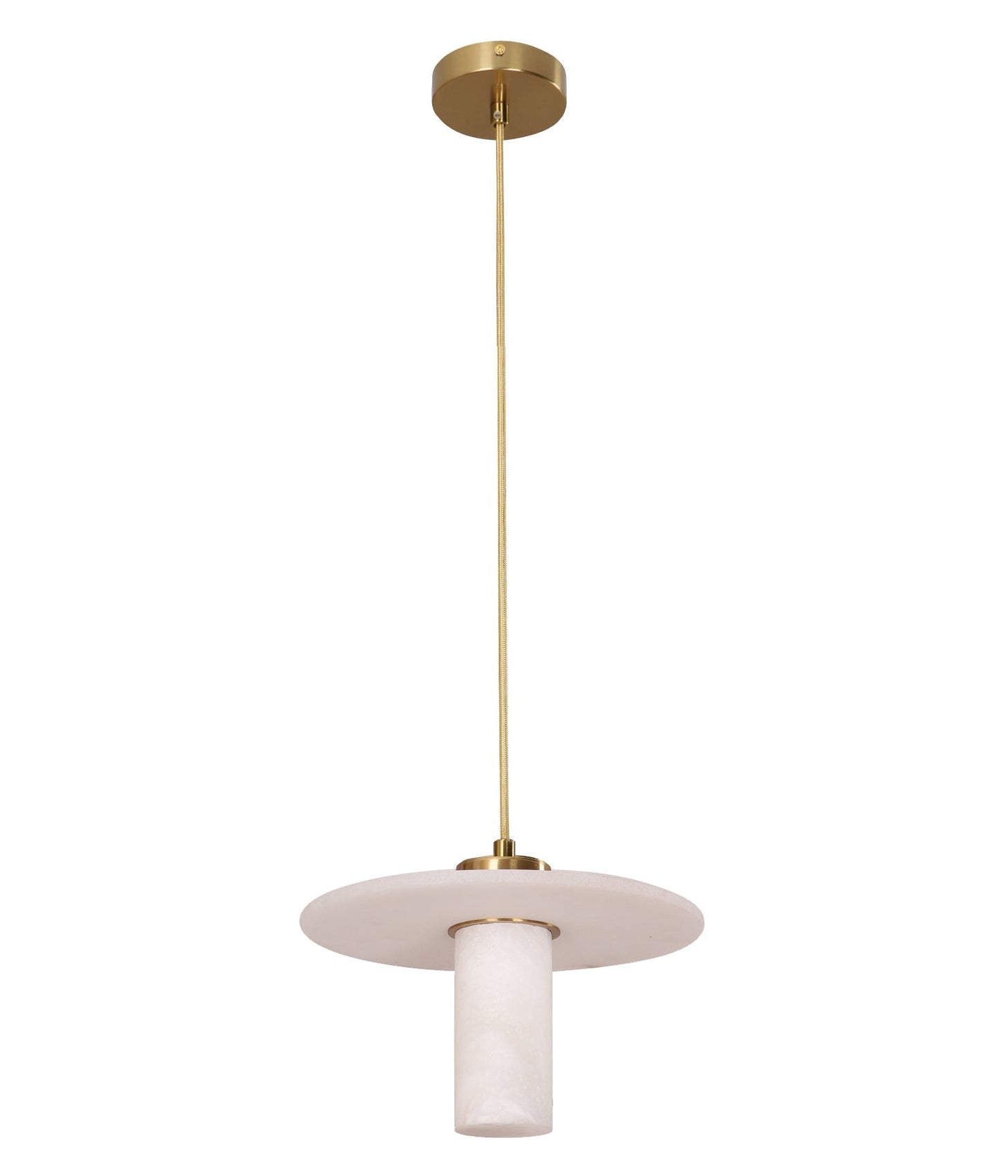 LUCERNA: Interior Cylinder Round Hat Alabaster Shade Brass Highlight Pendant Light