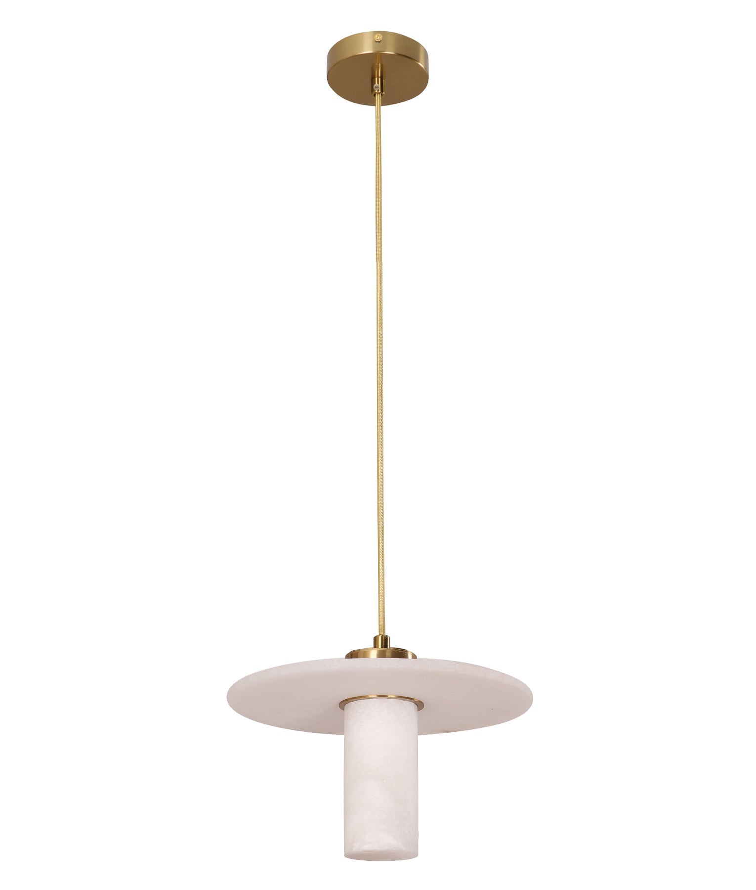 LUCERNA: Interior Cylinder Round Hat Alabaster Shade Brass Highlight Pendant Light