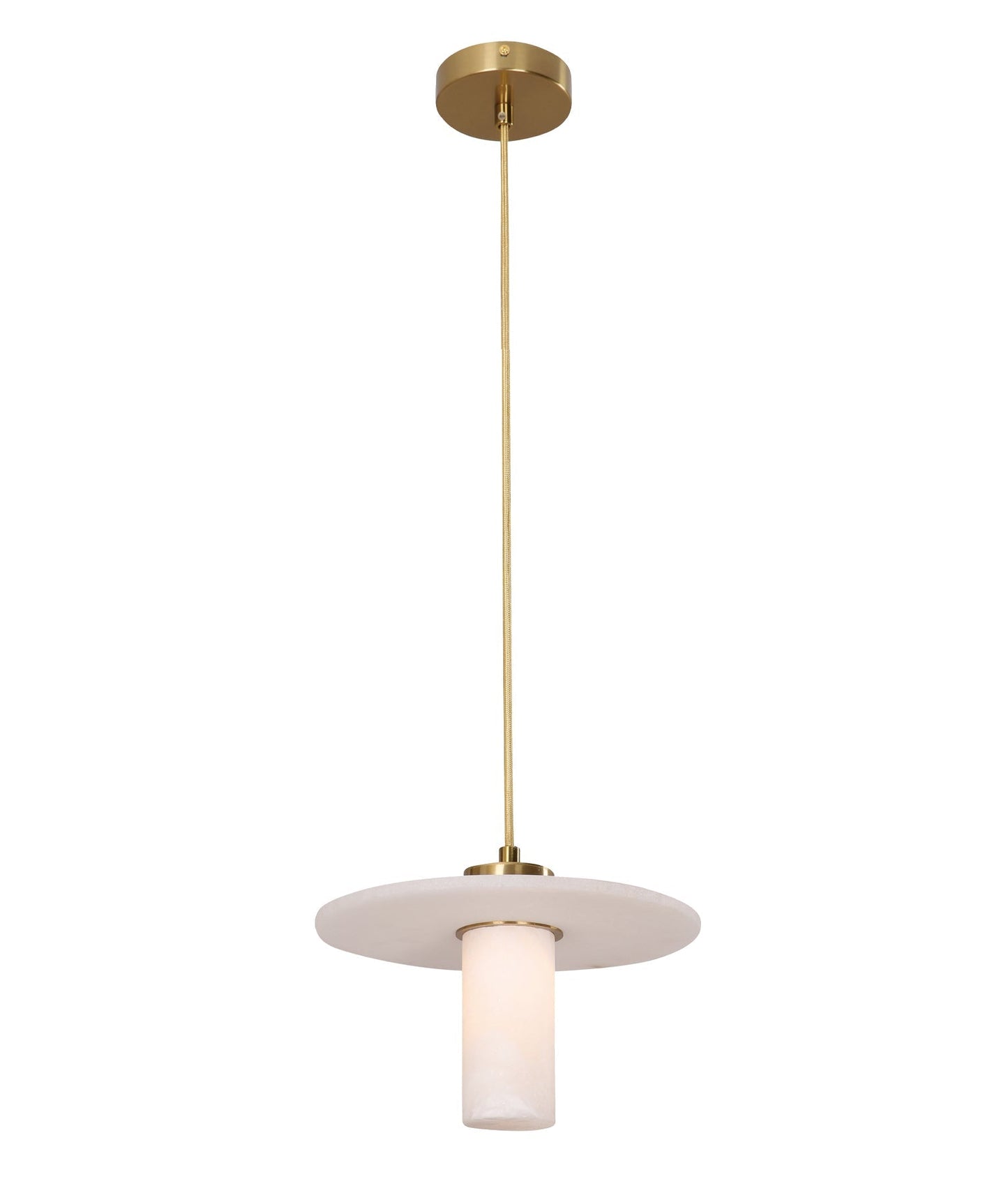 LUCERNA: Interior Cylinder Round Hat Alabaster Shade Brass Highlight Pendant Light