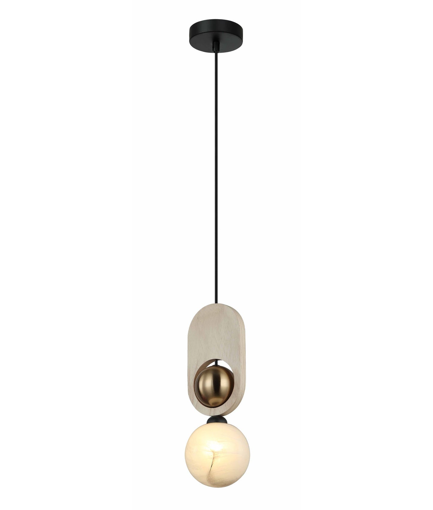 PALTA: Interior Sandblasted Opal Diffuser with Brass & Wood Highlight Pendant Lights