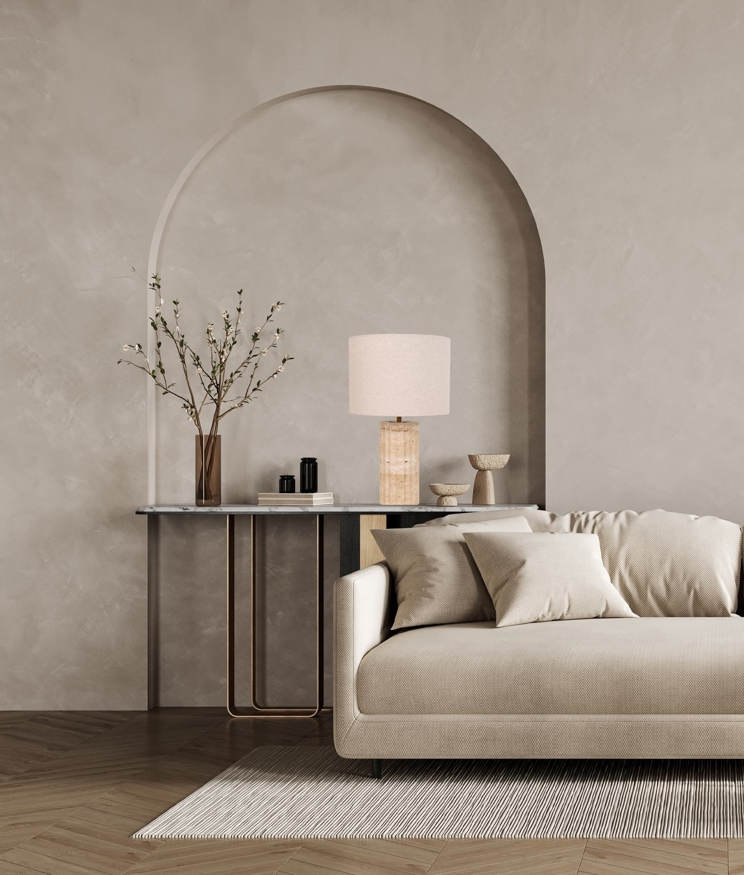 SAGITTA: Beige Travertine Base Oblong Fabric Cream Shade Table Lamps