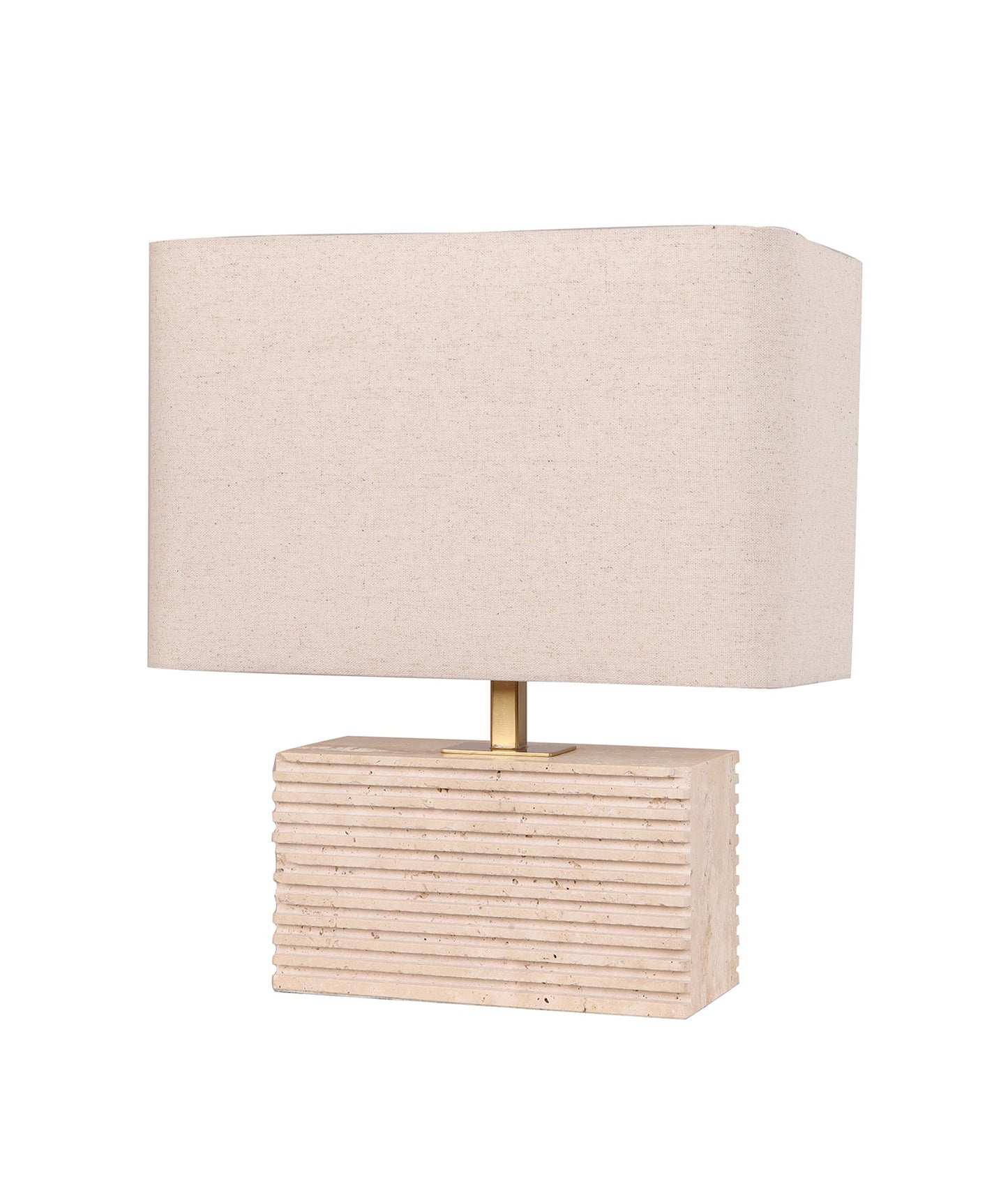 SAGITTA: Rectangular Beige Travertine Base Rectangular Fabric Cream Shade Table Lamp