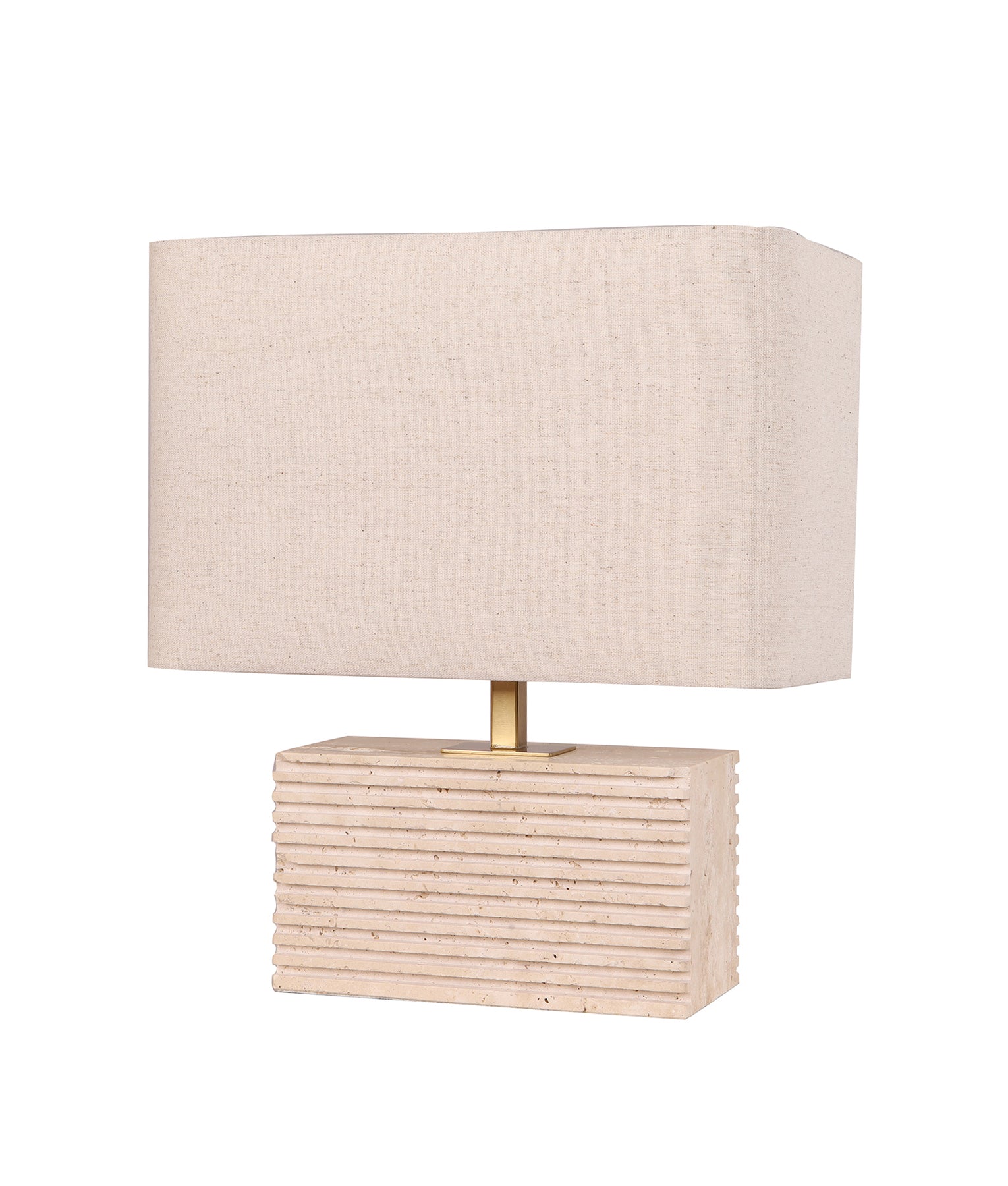 SAGITTA: Rectangular Beige Travertine Base Rectangular Fabric Cream Shade Table Lamp
