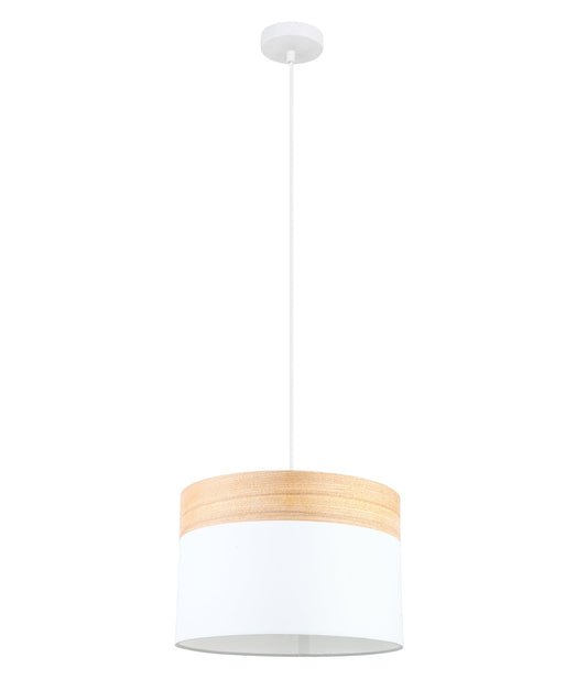 TAMBURA: Scandinavian Medium Drum Cloth Shade with Wood Veneer Trim Pendant Lights