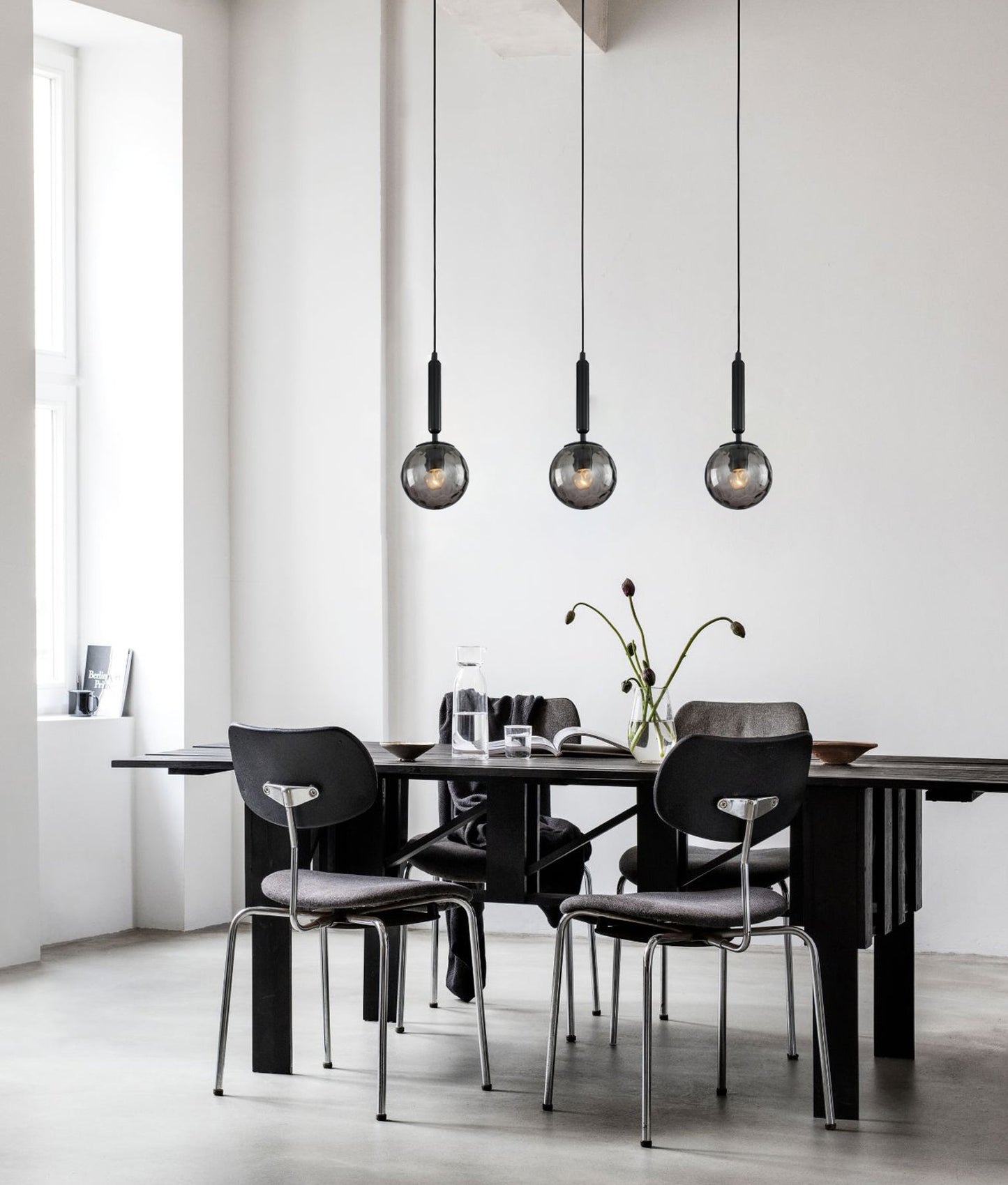 TRATTINO: Interior Bronze Amber / Smokey Black Spherical Glass Pendant Lights